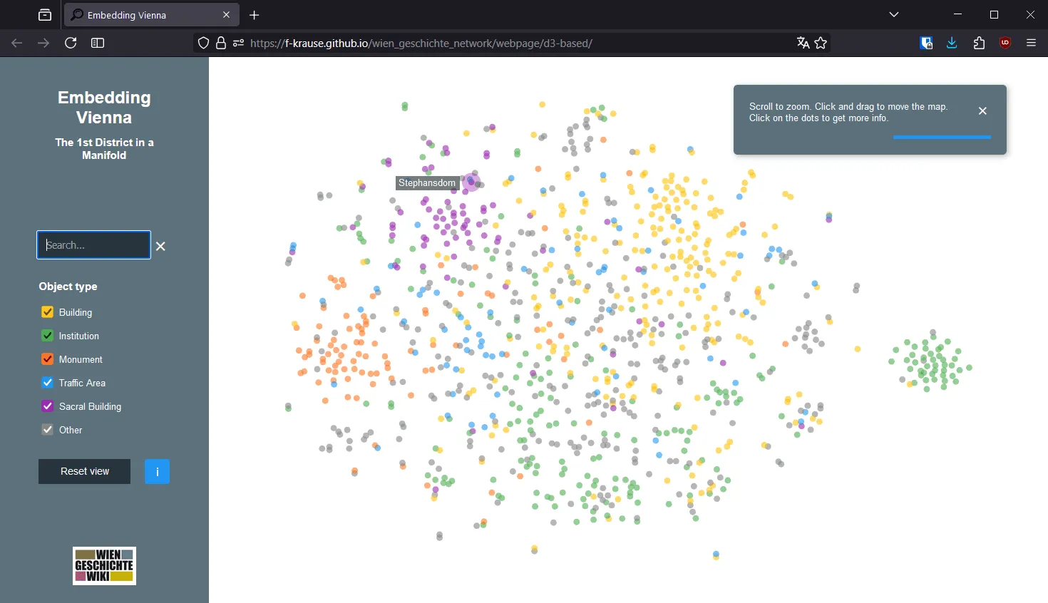Interactive embedding map of Wien Geschichte Wiki articles