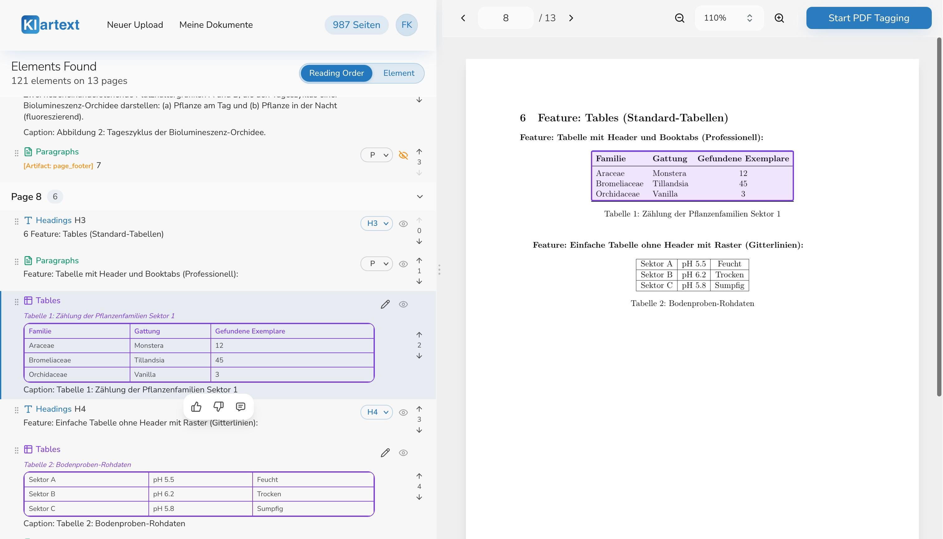 Klartext AI PDF accessibility transformation interface with detected document elements and PDF tagging